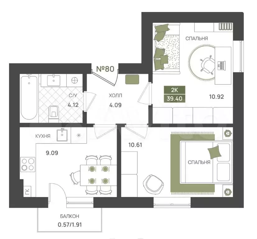 2-к. квартира, 39,4 м, 5/5 эт. - Фото 1
