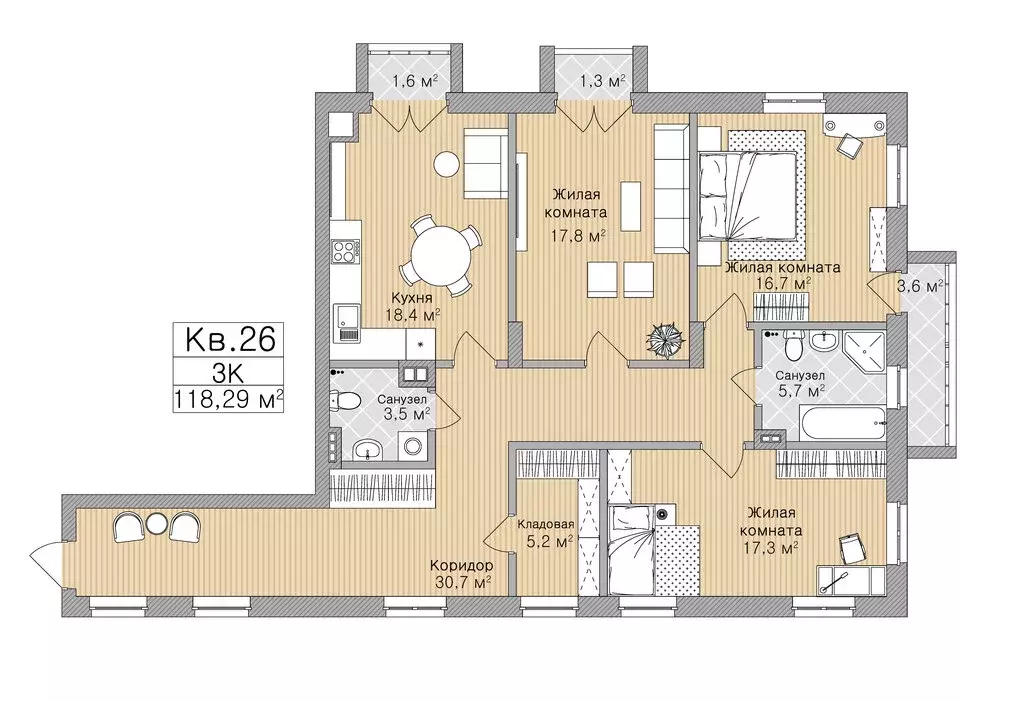 3-комнатная квартира: Рязань, улица Горького, 62 (118.29 м) - Фото 0