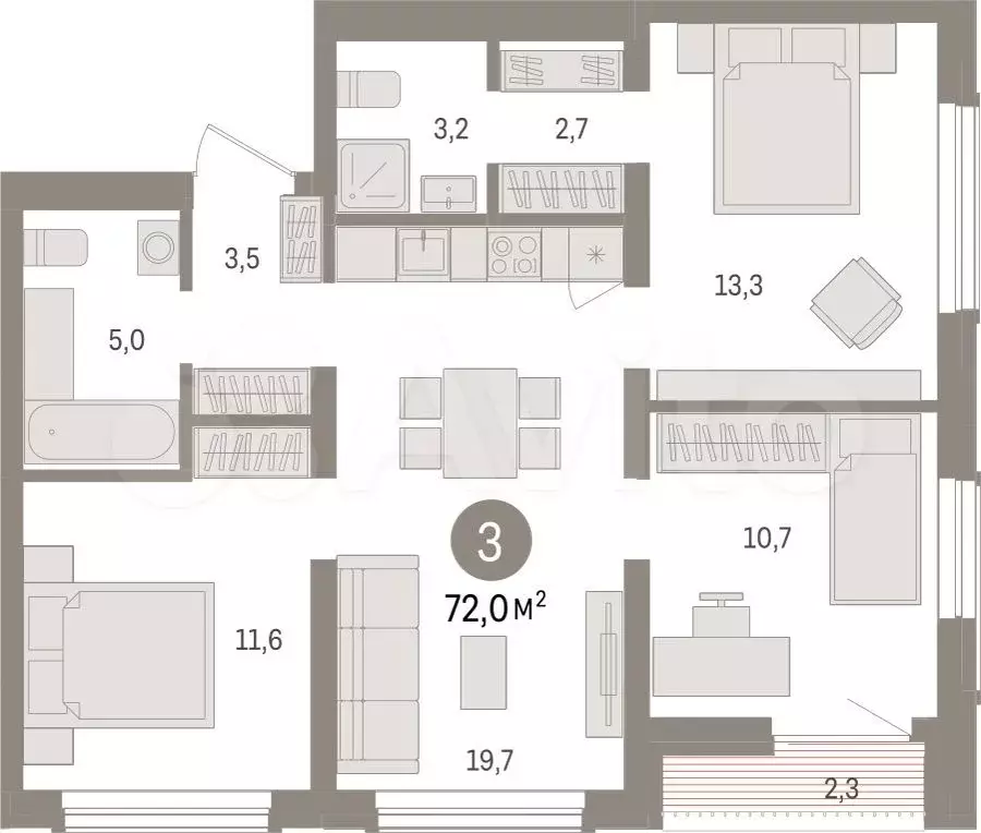 3-к. квартира, 72 м, 5/14 эт. - Фото 0