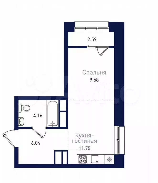 1-к. квартира, 34,4 м, 5/19 эт. - Фото 0