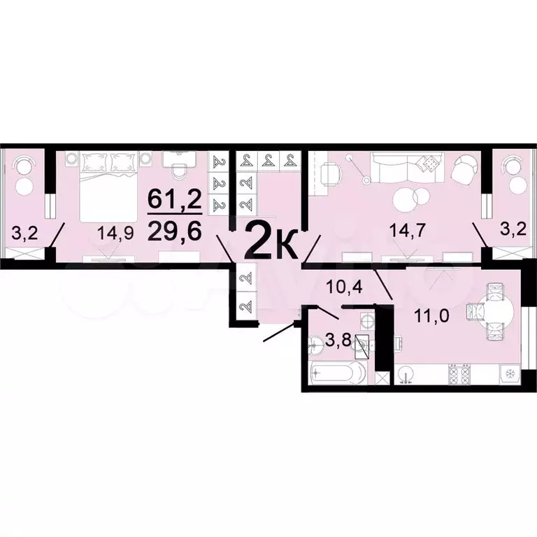 2-к. квартира, 61,9 м, 1/8 эт. - Фото 1