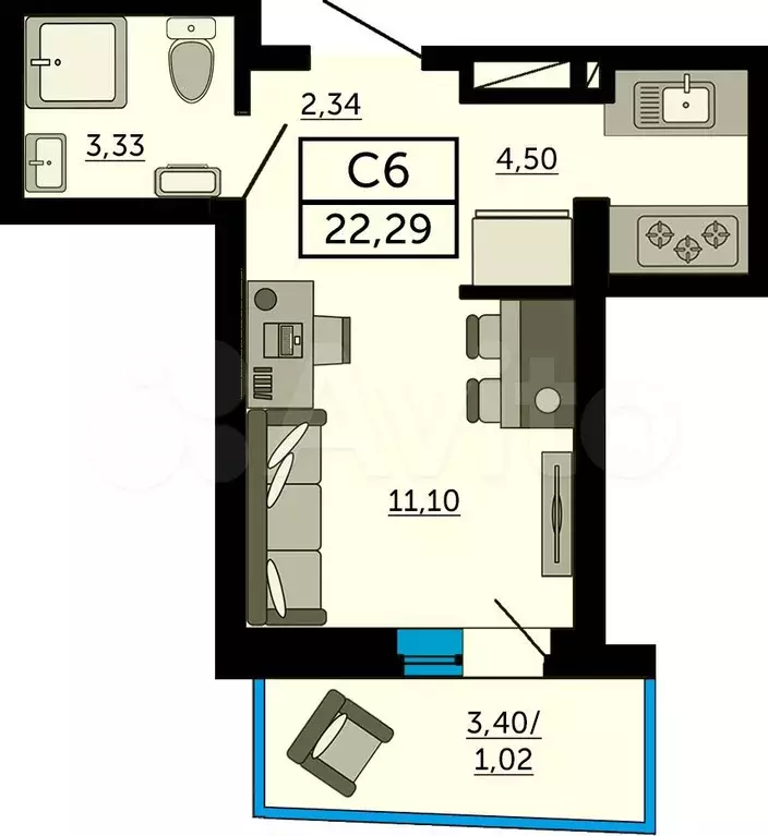 Квартира-студия, 22,3м, 29/33эт. - Фото 0