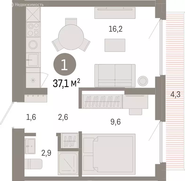 1-комнатная квартира: Новосибирский район, рабочий посёлок Краснообск, ... - Фото 1