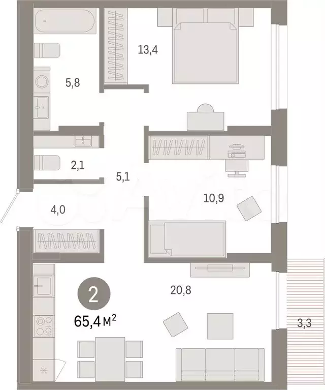 2-к. квартира, 65,4 м, 14/17 эт. - Фото 1