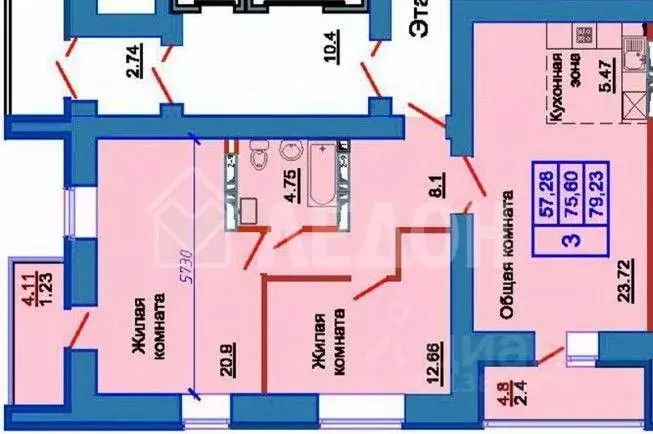 3-к кв. Омская область, Омск пос. Амурский, ул. Багратиона, 31 (74.2 ... - Фото 2