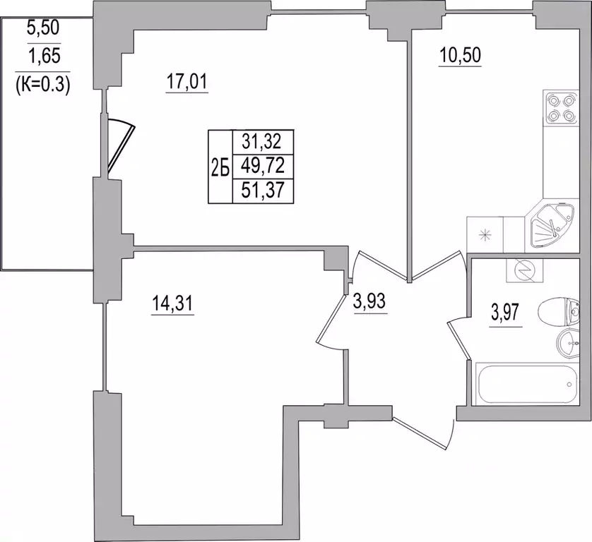 2-к кв. Псковская область, Псков ул. Юности, 32 (51.37 м) - Фото 0