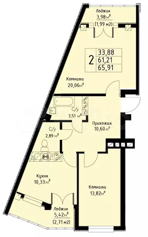 2-к. квартира, 65,9м, 6/9эт. - Фото 1