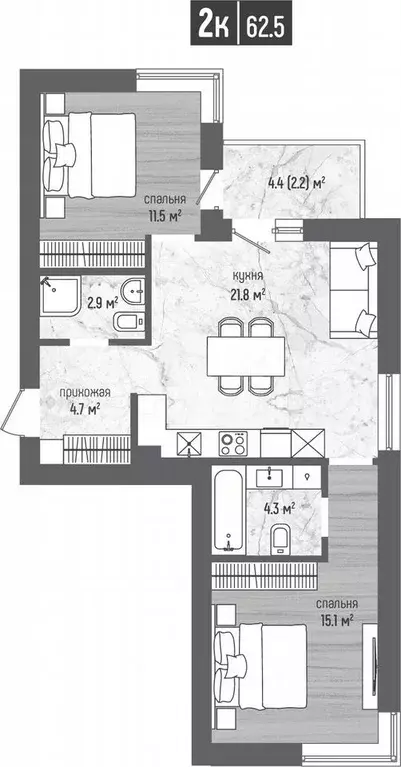 2-к. квартира, 62,5 м, 5/5 эт. - Фото 1