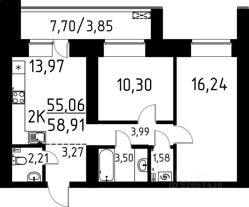 2-к кв. Томская область, Томск ул. Вершинина, 58к2 (58.91 м) - Фото 0