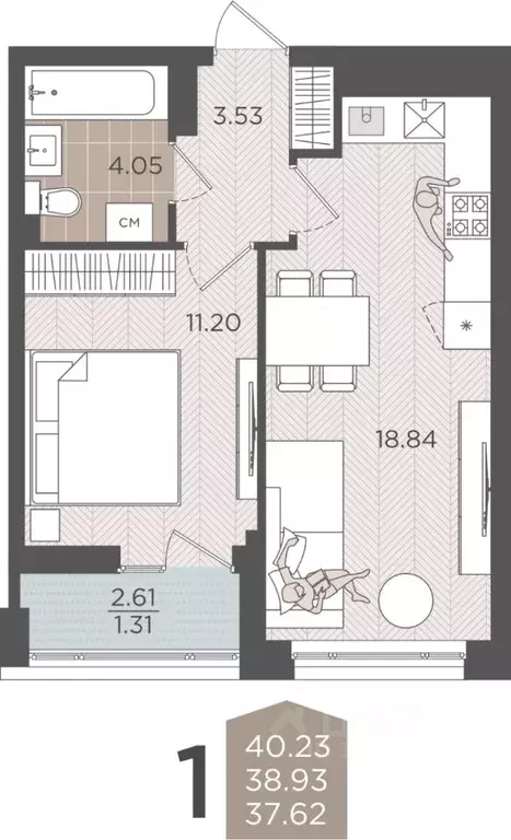 1-к кв. Калининградская область, Калининград Батальная ул., 65Б (38.93 ... - Фото 1