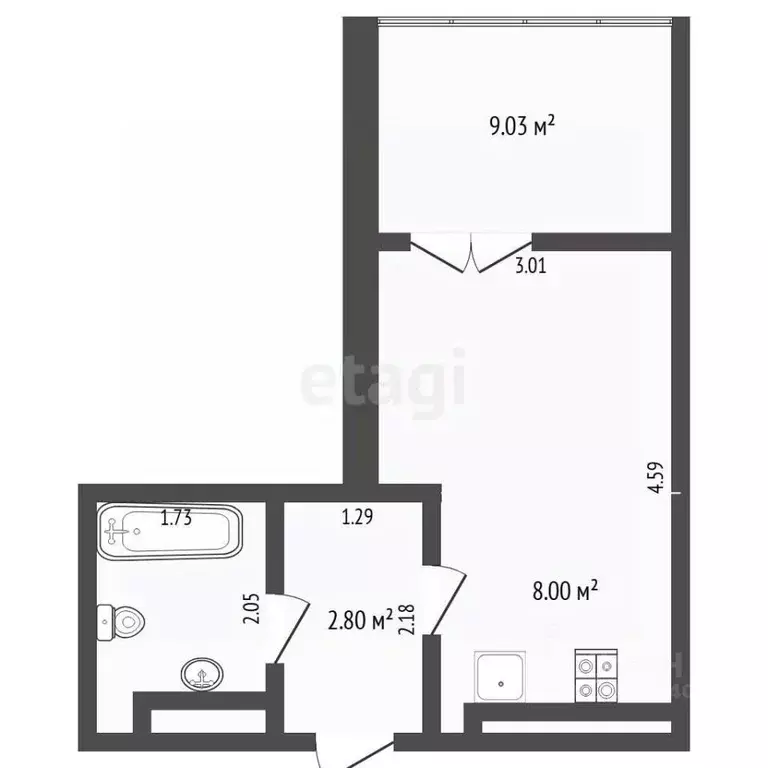 Студия Тюменская область, Тюмень ул. Краснооктябрьская, 14 (28.4 м) - Фото 2