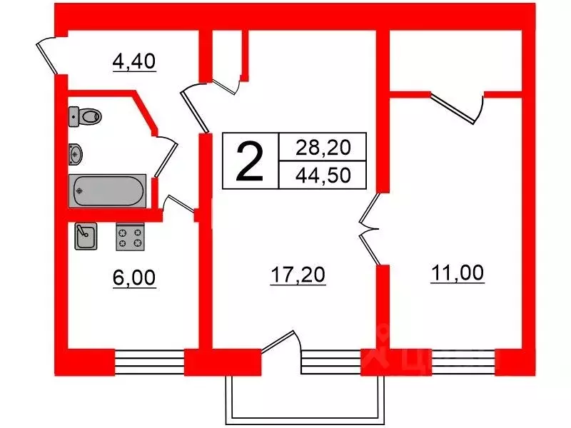 2-к кв. Санкт-Петербург ул. Федосеенко, 23 (44.5 м) - Фото 1