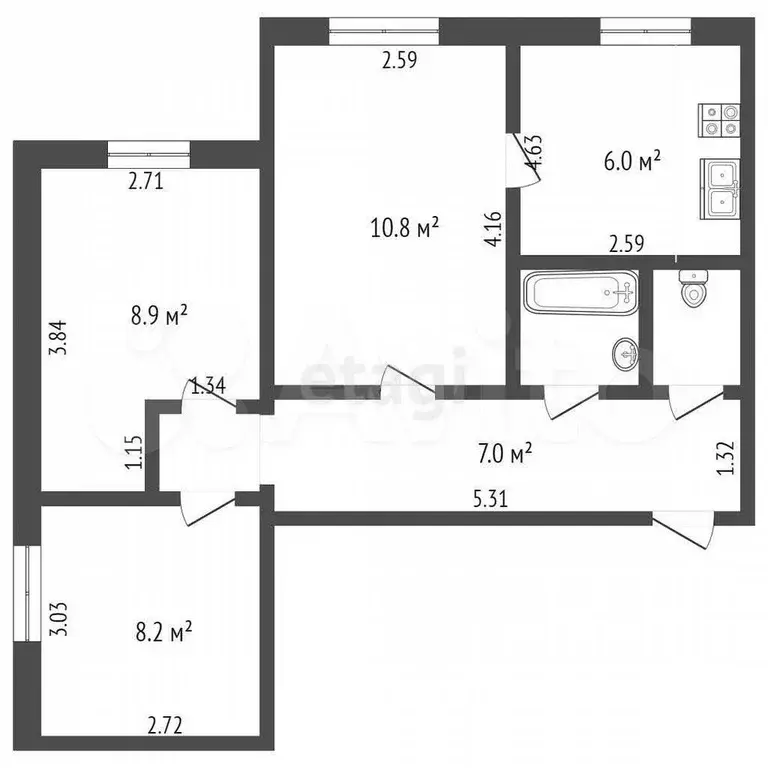 3-к. квартира, 46,4 м, 2/3 эт. - Фото 0