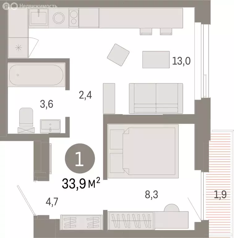 1-комнатная квартира: Тюмень, жилой комплекс Зарека (33.85 м) - Фото 1