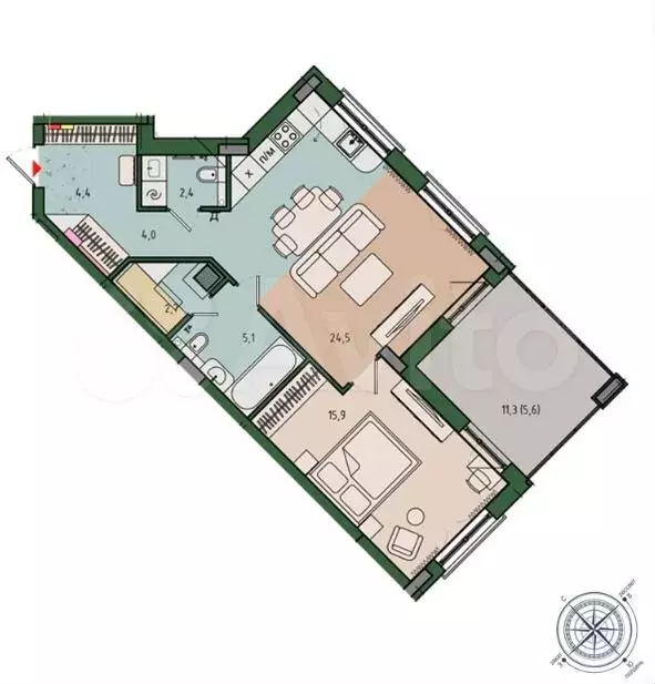 2-к. квартира, 65 м, 7/12 эт. - Фото 1