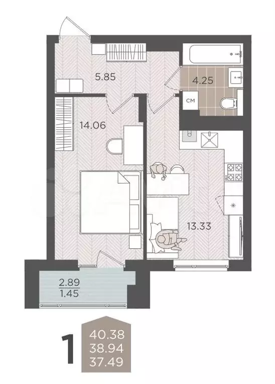 1-к. квартира, 38,9 м, 4/9 эт. - Фото 1