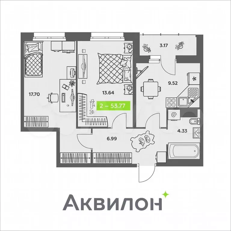 2-к. квартира, 53,8 м, 2/8 эт. - Фото 0