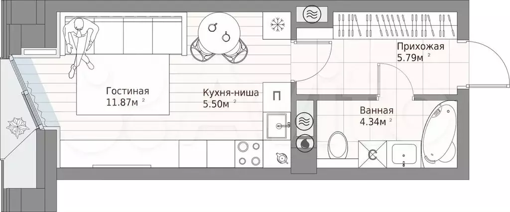 Квартира-студия, 27,5м, 5/10эт. - Фото 1