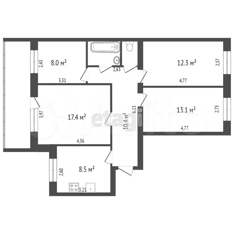 4-к. квартира, 75,8 м, 5/9 эт. - Фото 0