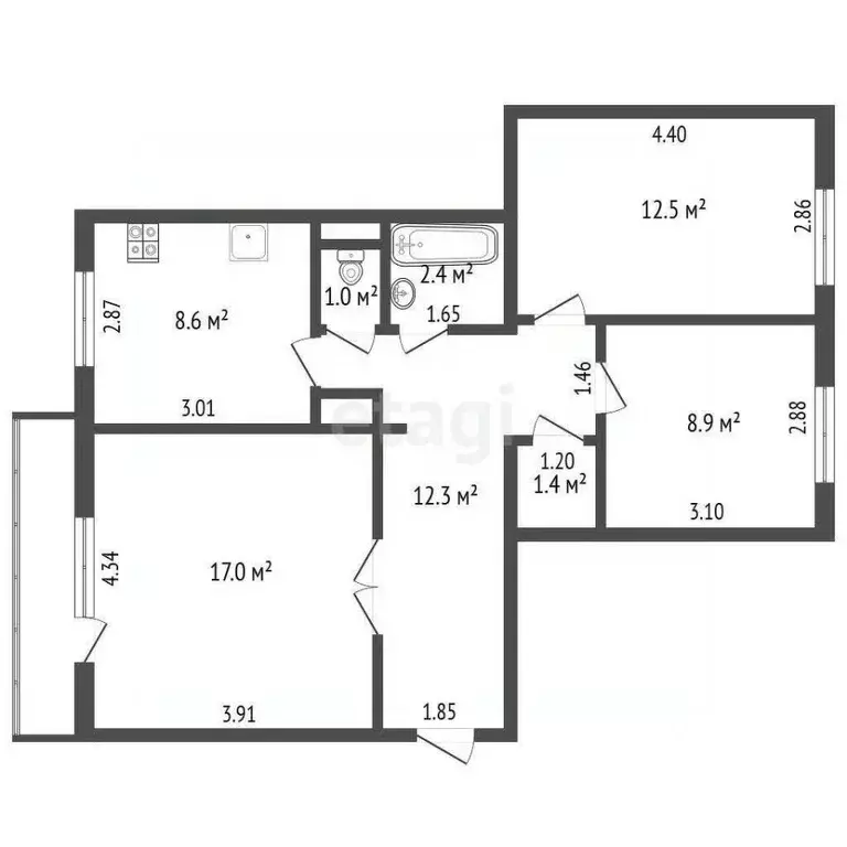 3-к кв. Кемеровская область, Рудничный пгт ул. Металлургов, 3 (64.1 м) - Фото 2