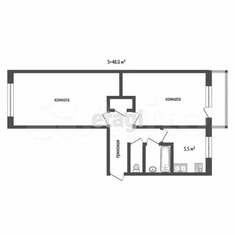 2-к. квартира, 48,3 м, 2/5 эт. - Фото 0