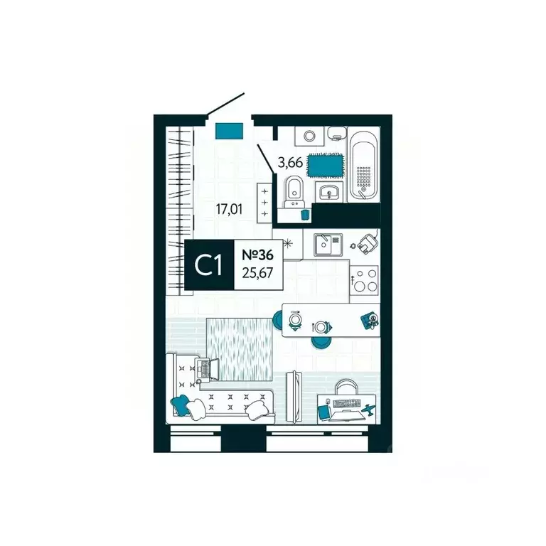 Студия Тульская область, Тула ул. Чмутова, 158Д (25.67 м) - Фото 1