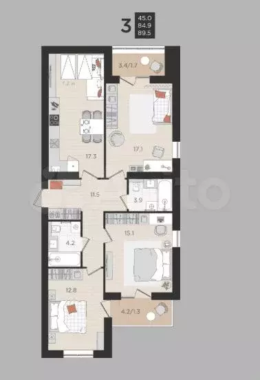 3-к. квартира, 84,9 м, 4/4 эт. - Фото 1