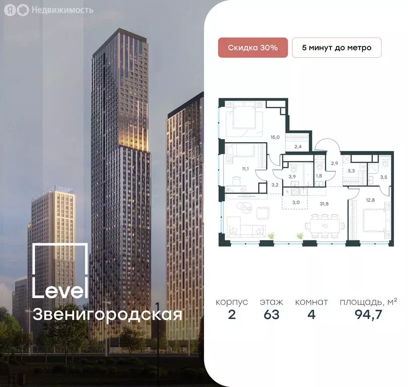4-комнатная квартира: Москва, жилой комплекс Левел Звенигородская, к2 ... - Фото 0