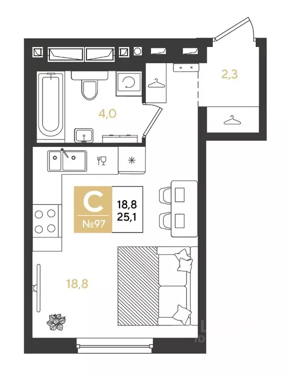 Студия Краснодарский край, Краснодар Самолет кв-л,  (25.1 м) - Фото 1