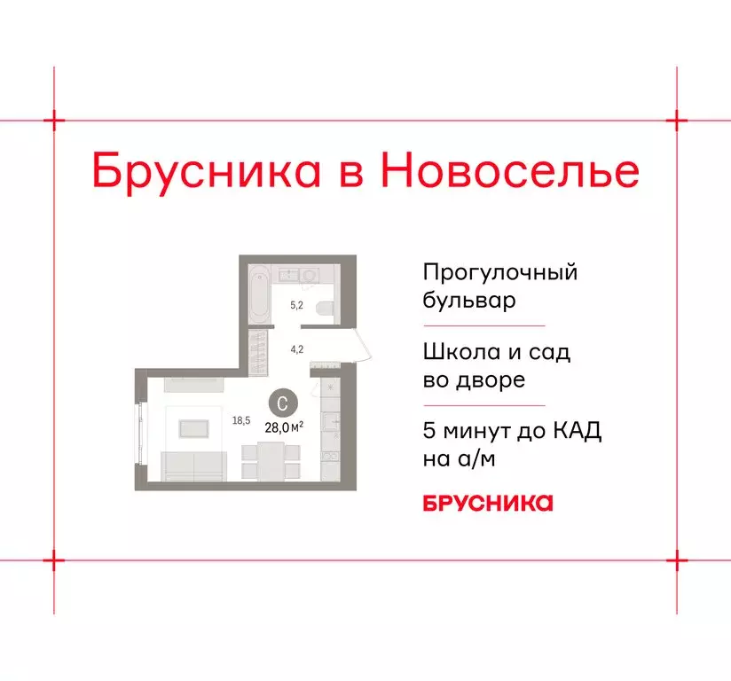 Квартира-студия: городской посёлок Новоселье, ЖК Брусника (27.95 м) - Фото 1