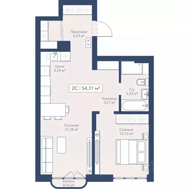 2-к кв. Новосибирская область, Новосибирск ул. Кирова, 115 (54.3 м) - Фото 1