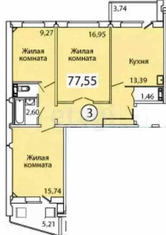 3-к. квартира, 73,1 м, 7/10 эт. - Фото 1