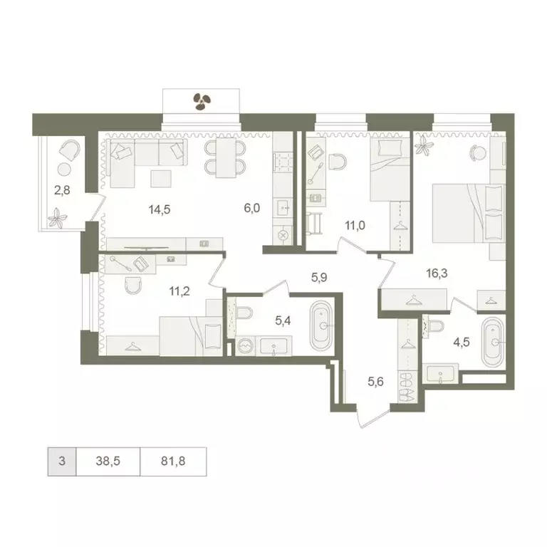 3-к кв. Башкортостан, Уфа Родина Парк жилой комплекс (81.8 м) - Фото 1