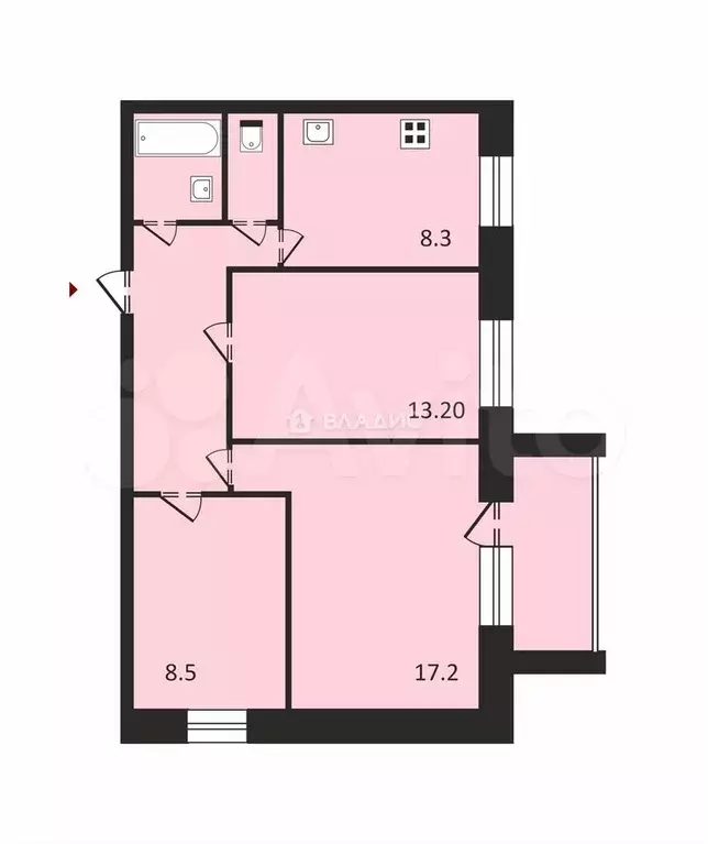 3-к. квартира, 60,1 м, 2/5 эт. - Фото 0