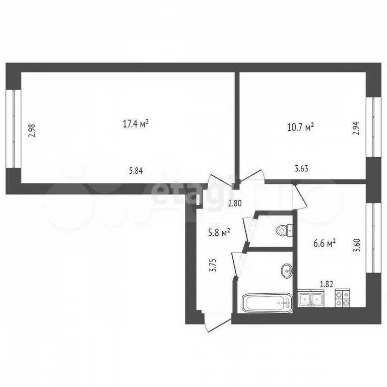2-к. квартира, 44 м, 2/2 эт. - Фото 0