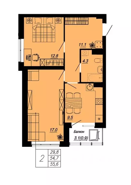 2-к кв. Свердловская область, Екатеринбург ул. Блюхера, 89 (55.6 м) - Фото 0