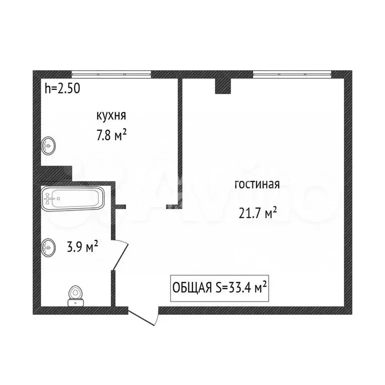 1-к. квартира, 33,4 м, 2/2 эт. - Фото 0