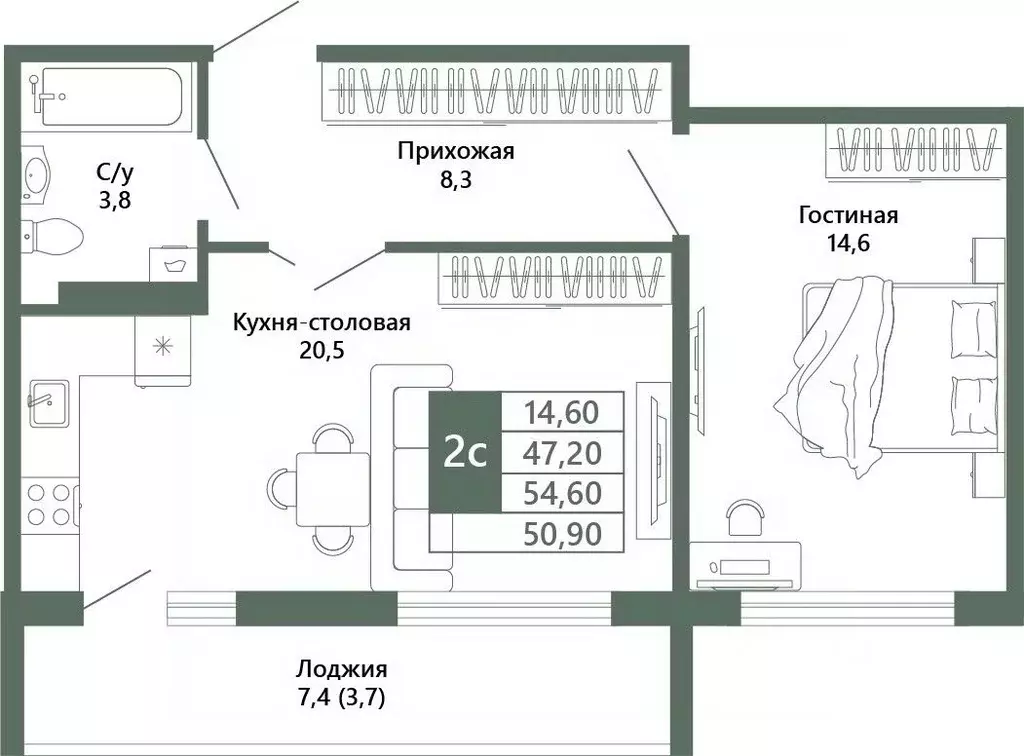 2-к кв. Кемеровская область, Кемерово 64-й мкр, Лучи жилой комплекс ... - Фото 2