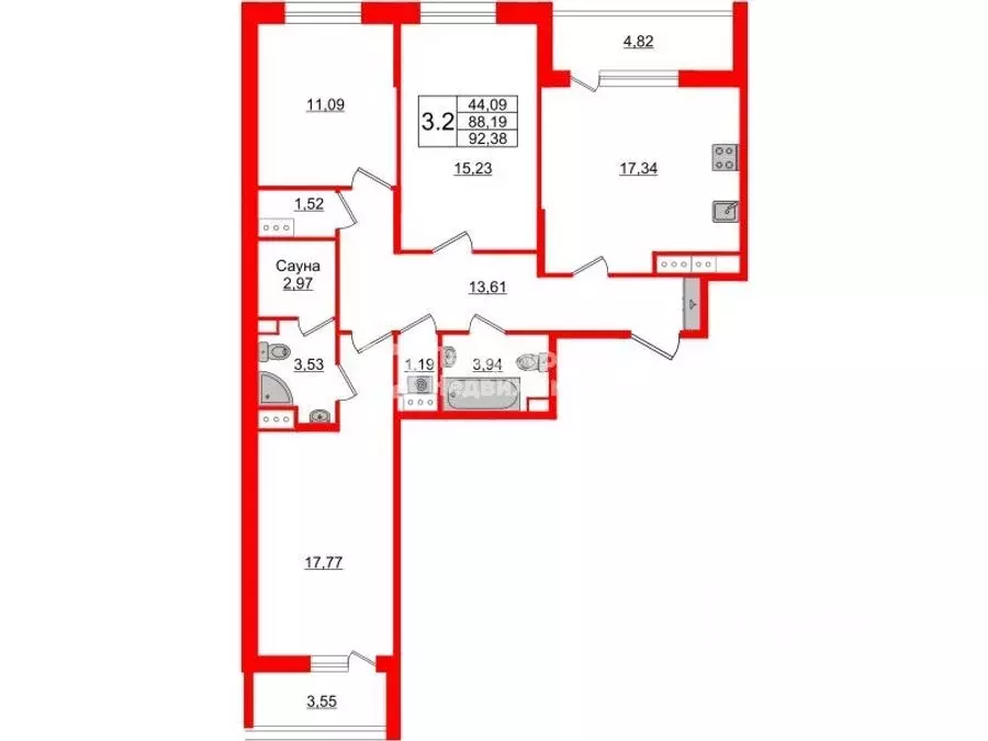 3-к кв. Санкт-Петербург Парашютная ул., 77к1 (92.4 м) - Фото 1