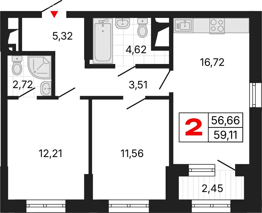 2-комнатная квартира: Екатеринбург, жилой район Втузгородок (59.12 м) - Фото 2