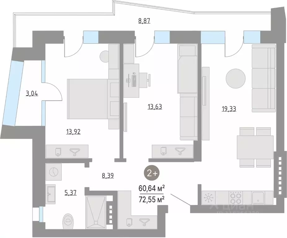 2-к кв. Тюменская область, Тюменский муниципальный округ, с. Кулаково ... - Фото 0