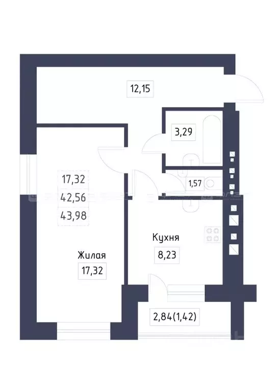 1-к кв. Татарстан, Лаишевский район, с. Сокуры  (43.98 м) - Фото 1