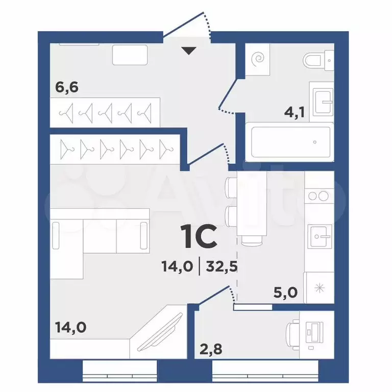 1-к. квартира, 32,5 м, 9/9 эт. - Фото 0