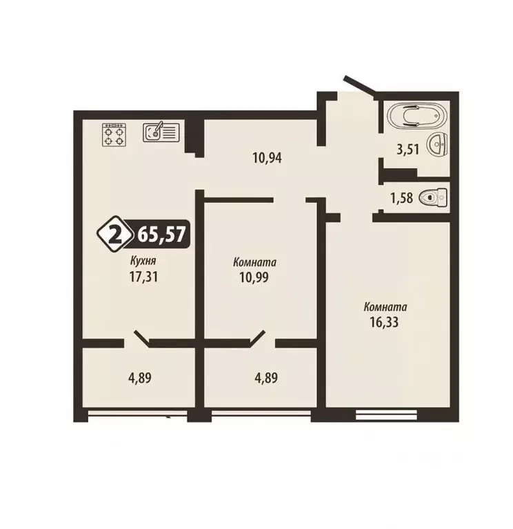 2-к кв. Брянская область, Брянск Школьный жилой комплекс (65.57 м) - Фото 1