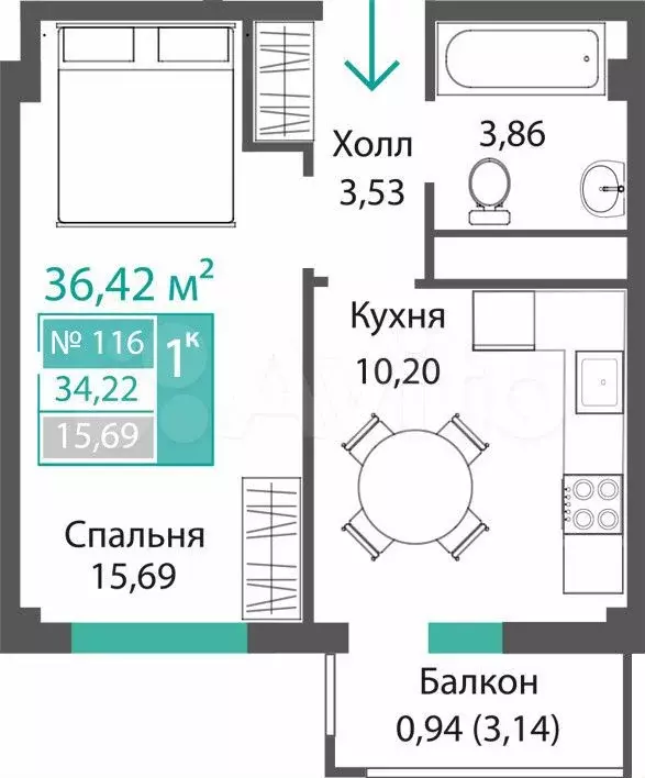 1-к. квартира, 34,2 м, 8/9 эт. - Фото 0
