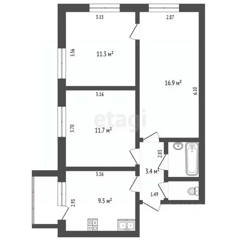 3-к кв. Вологодская область, Сокол ул. Некрасова, 9 (56.7 м) - Фото 1