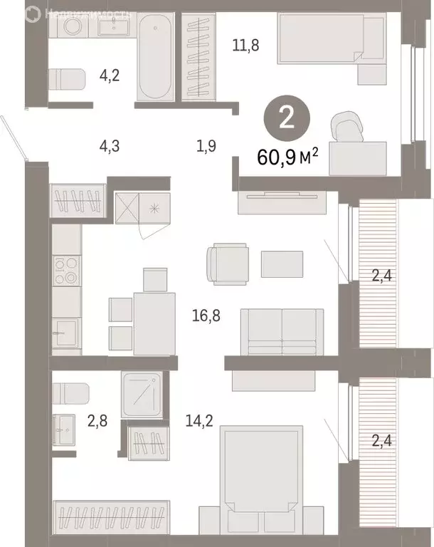 1-комнатная квартира: Тюмень, Мысовская улица, 26к2 (60.86 м) - Фото 0