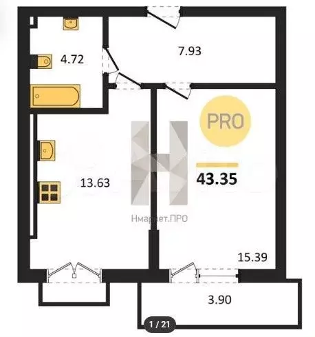 1-к. квартира, 43,4 м, 7/7 эт. - Фото 1