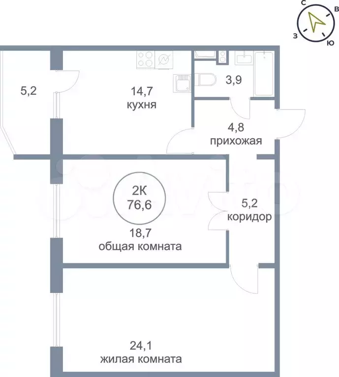 2-к. квартира, 76,6м, 4/7эт. - Фото 0