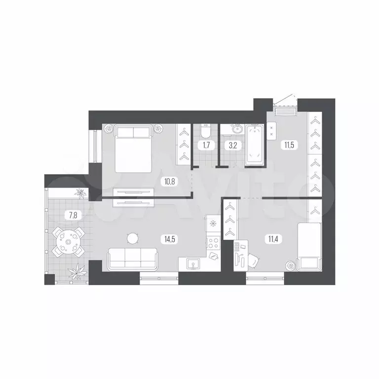 2-к. квартира, 60,9 м, 1/9 эт. - Фото 0